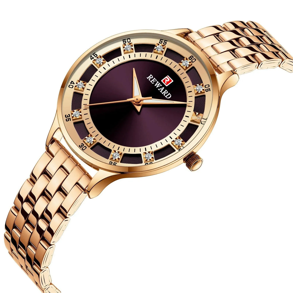 Women's quartz watch with steel belt, diamond detail, 8mm thickness, blue shell or rose shell or gold finish