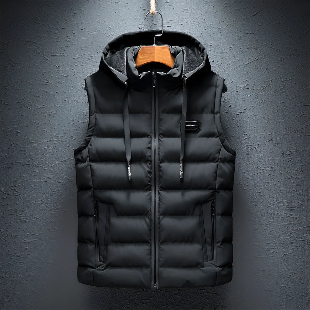Men's slim waistcoat cotton-padded jacket with zipped pockets, straight hem and cardigan front, shown in solid colour