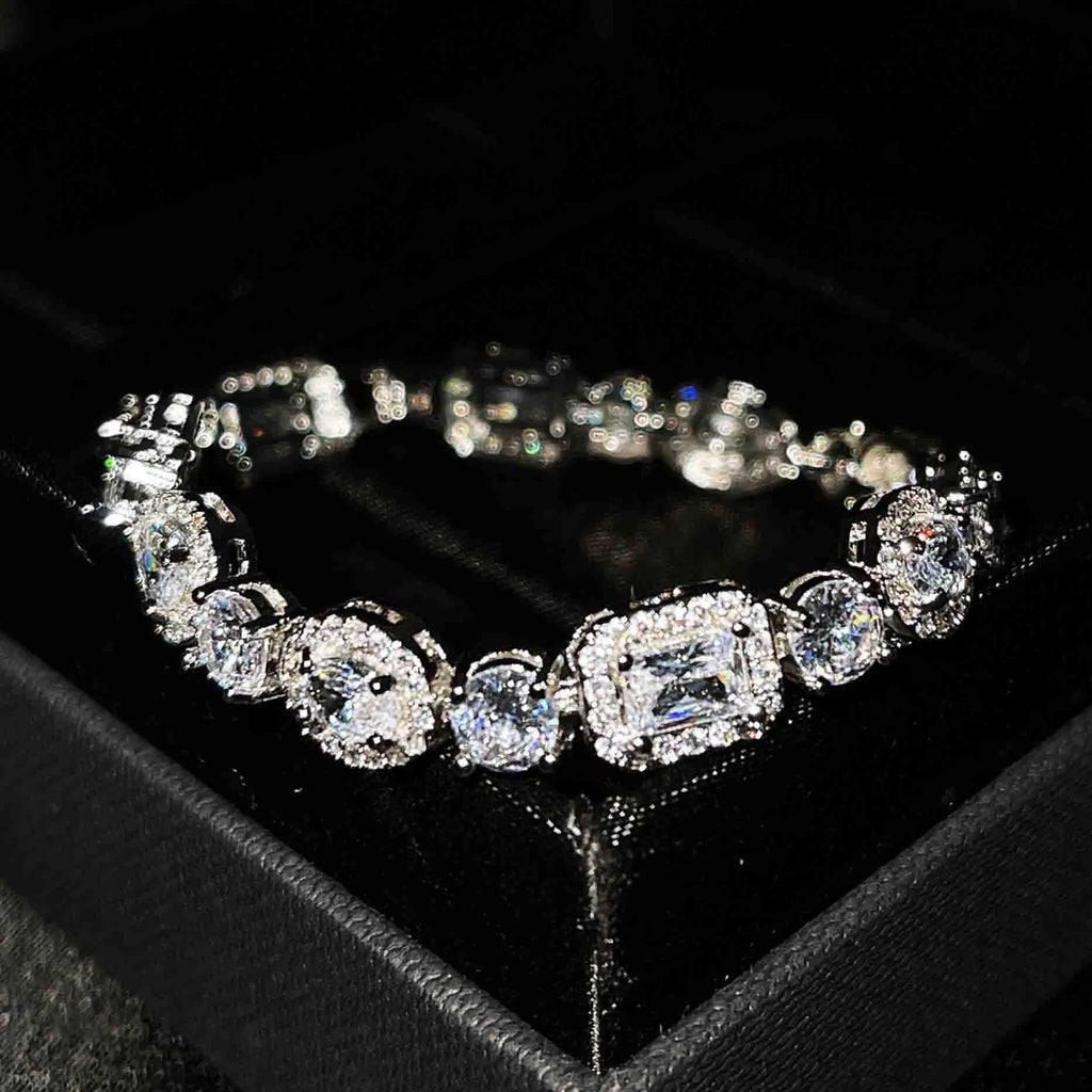 Women's geometric S925 silver-plated bracelet with inlaid zircon stones, shown in two size options.