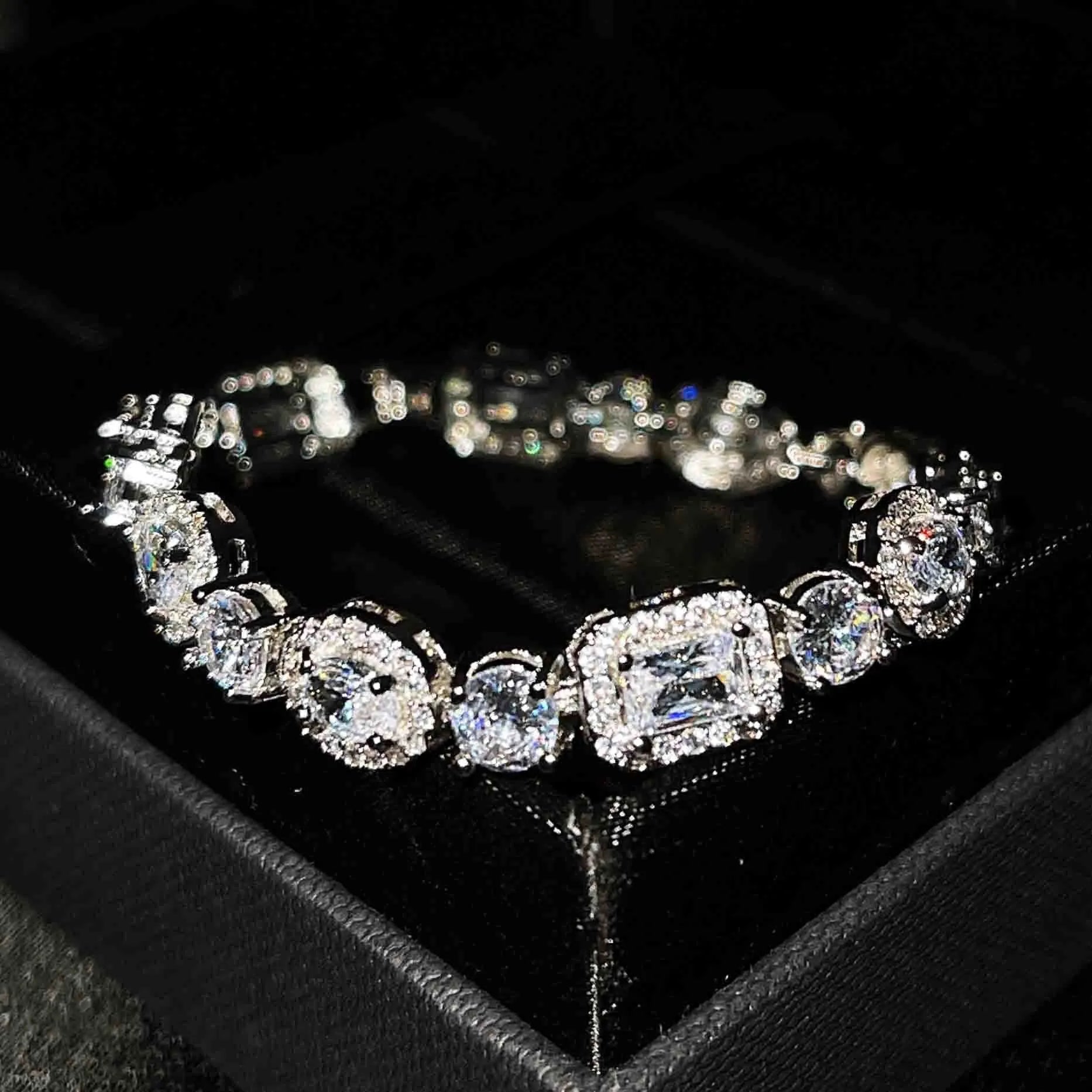 Women's geometric S925 silver-plated bracelet with inlaid zircon stones, shown in two size options.