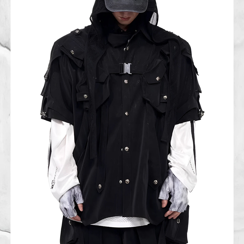 Men's black short sleeve bandage jacket with loose fit, lapel neckline, single-breasted placket, sizes S to XL.