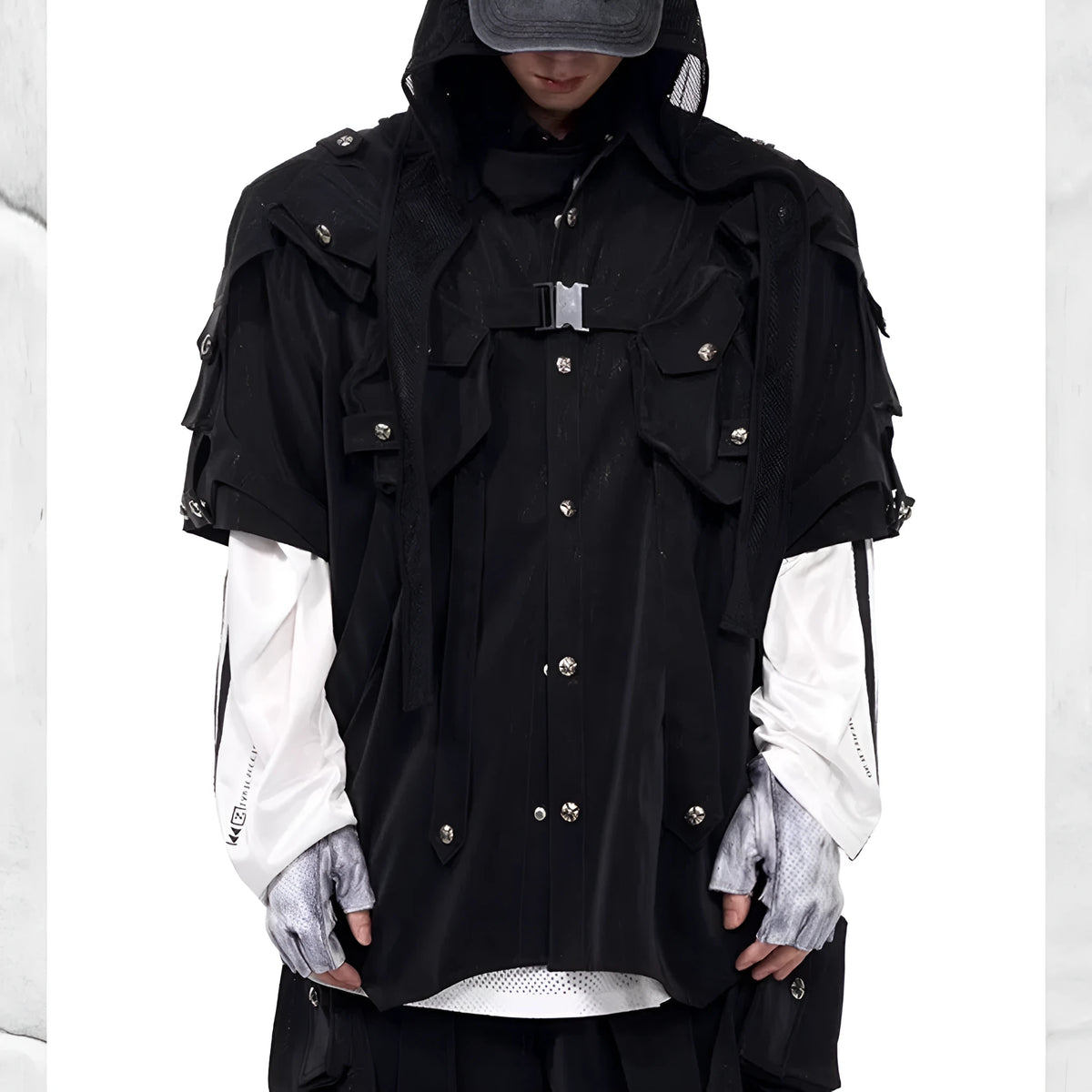 Men's black short sleeve bandage jacket with loose fit, lapel neckline, single-breasted placket, sizes S to XL.