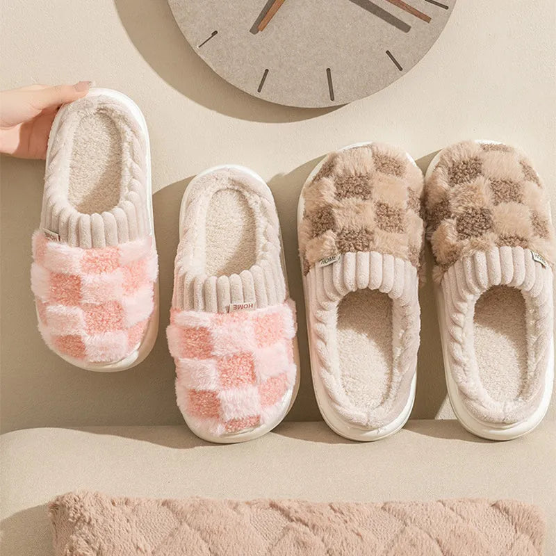 Women's plaid pattern plush indoor slippers with coral velvet upper and grey non-slip PVC sole