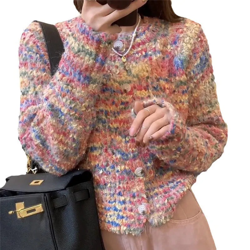 Pink and green acrylic cardigan sweater with knitted rainbow pattern, slim fit free size design
