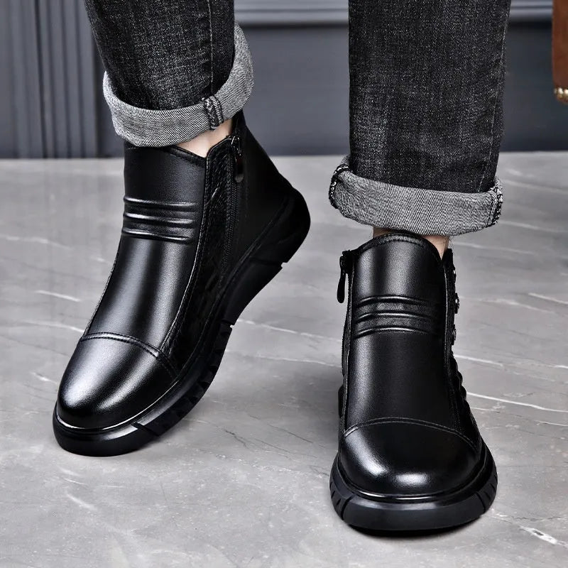 Men's genuine leather worker boots in black with round toe, warm lining, and non-slip sole