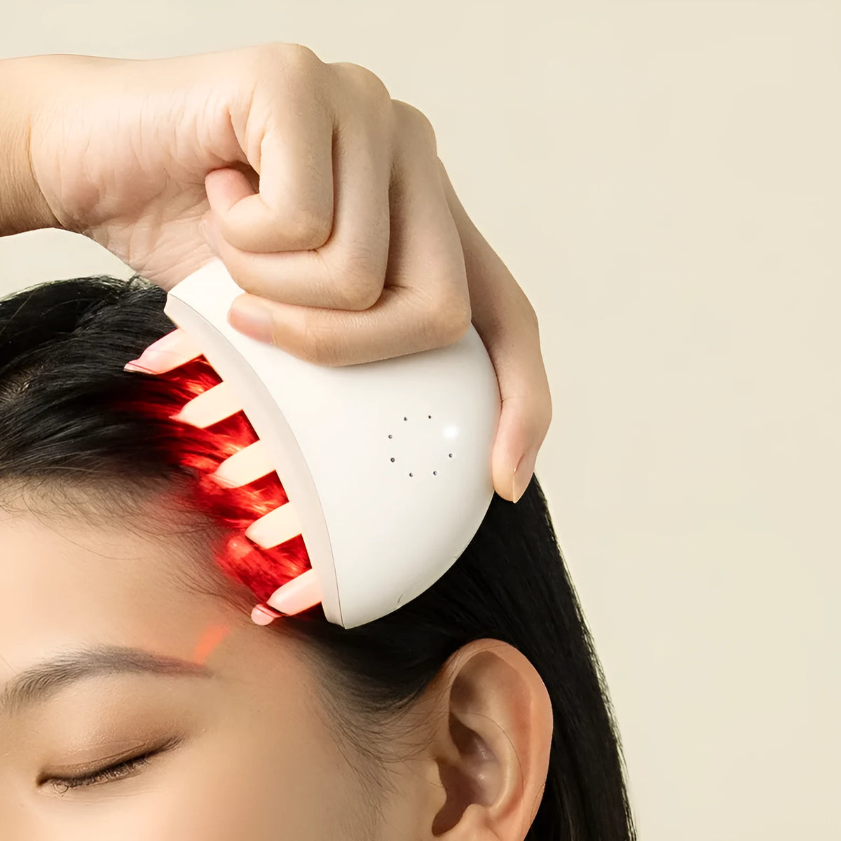 White electric moon comb with jade scalp massage surface and USB power, three gear settings.