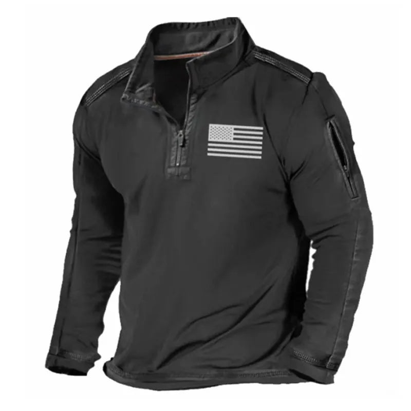 Men's grey zip-up stand collar long-sleeved sports sweater on a hanger.