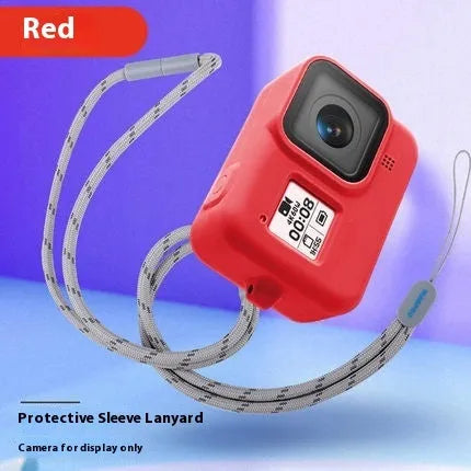 GoPro Hero 8 Black camera with blue silicone protective sleeve and a blue neck lanyard attached.