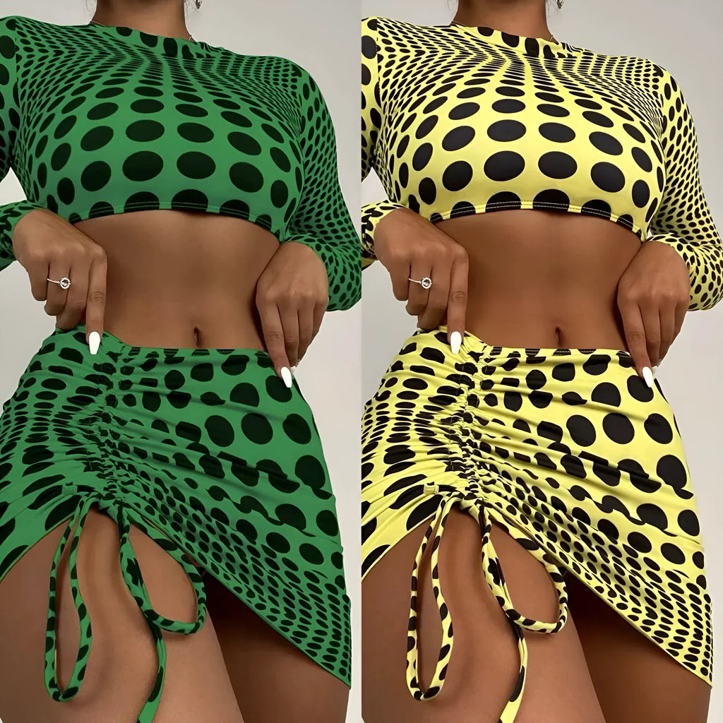 Women's green polka dot swimsuit three-piece set showing top, skirt, and bra