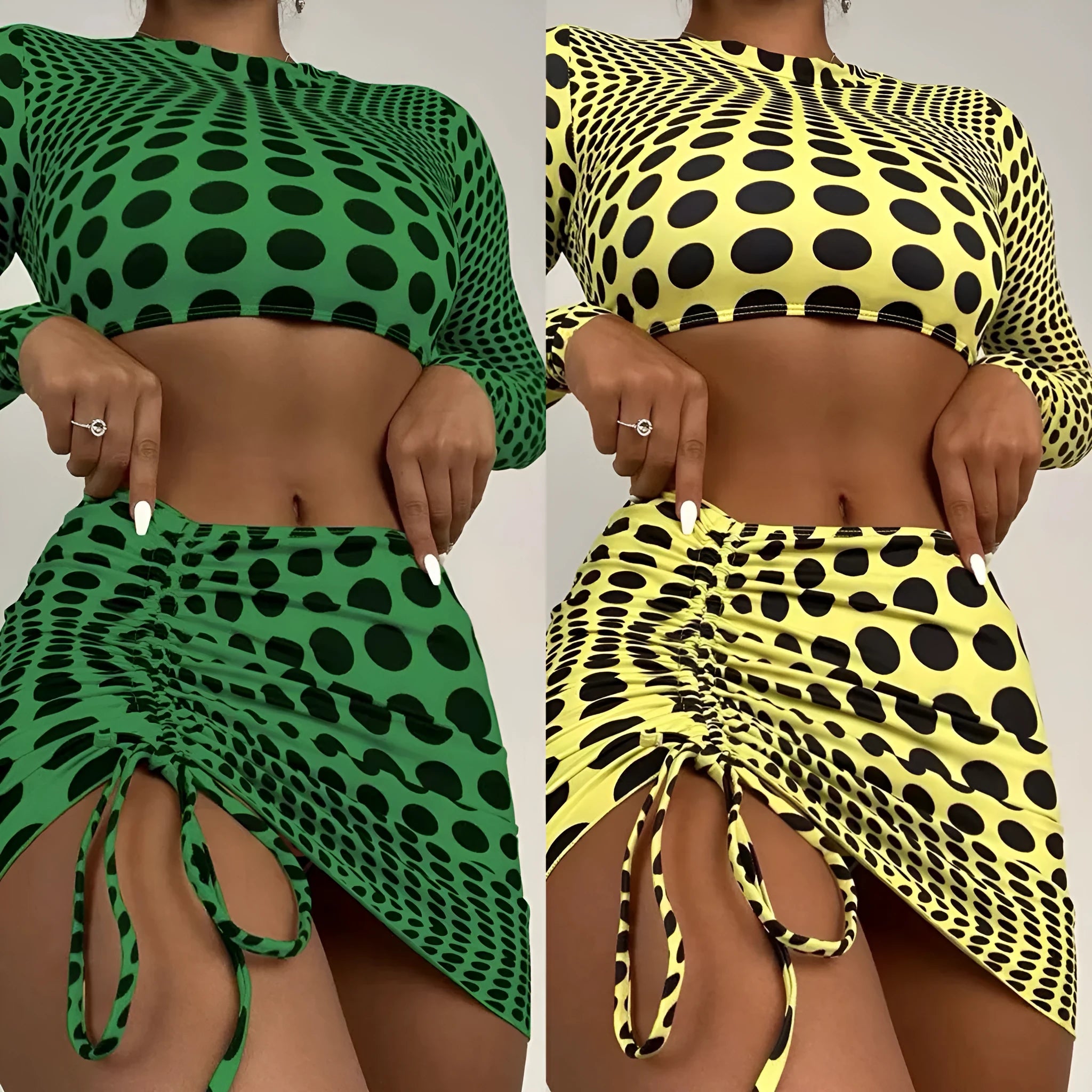 Women's green polka dot swimsuit three-piece set showing top, skirt, and bra