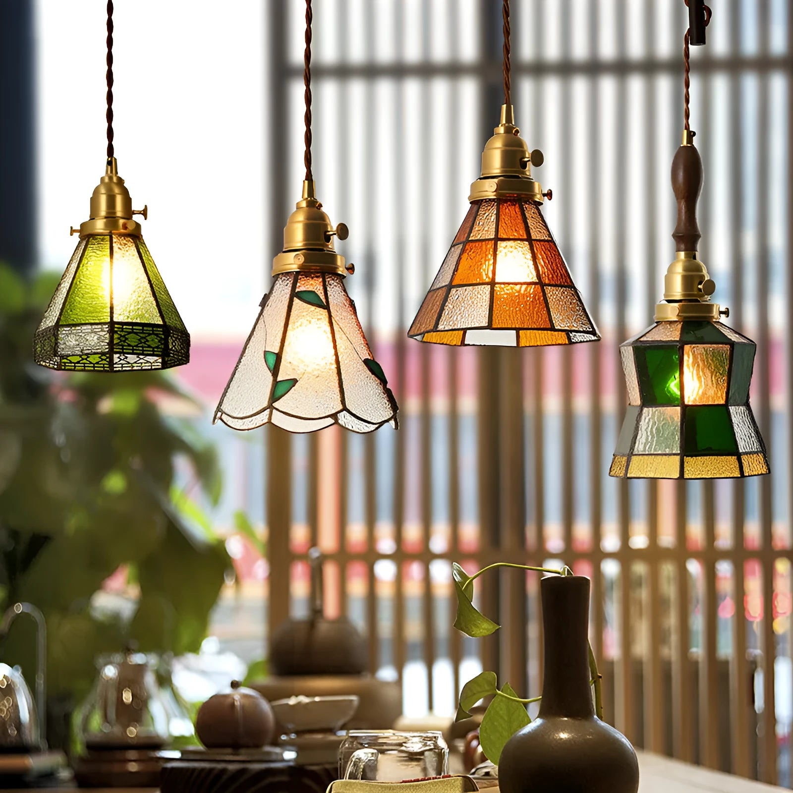 Retro brass and glass chandelier with hand-blown shades hanging on a braided hemp rope light line.