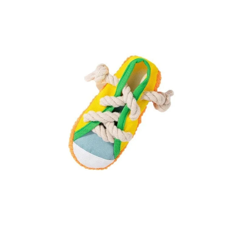 Plastic dog slippers chew toy in yellow colour with bendable design and sound feature