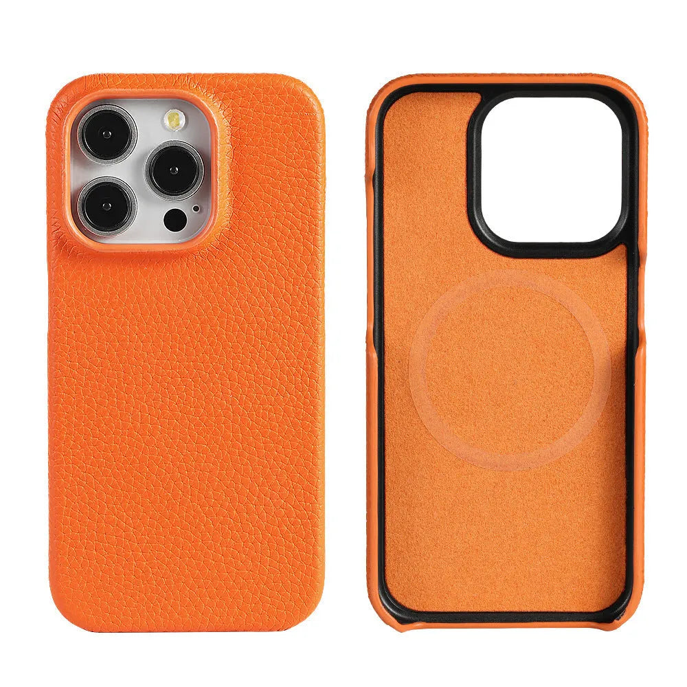 First layer cowhide magnetic phone case in black on iPhone 16 showing half-pack rear coverage