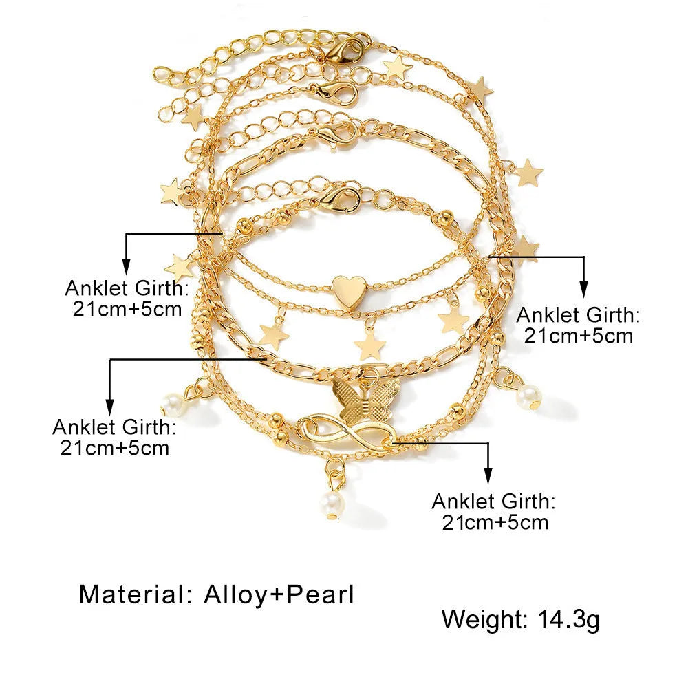 Four-piece women's anklet set with butterfly and pearl heart designs in alloy