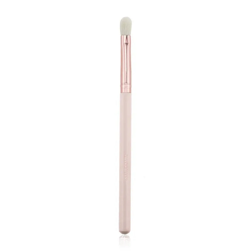 26 pink makeup brushes with wooden handles in storage bag