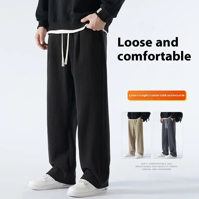 Men's double-sided polar fleece winter trousers with wool lining in Korean loose fit style