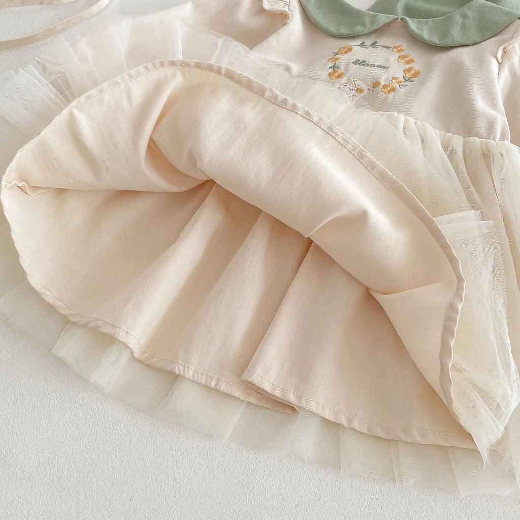 Girls' floral spring dress, long sleeve cotton dress in beige or pastoral green for heights 73-120cm