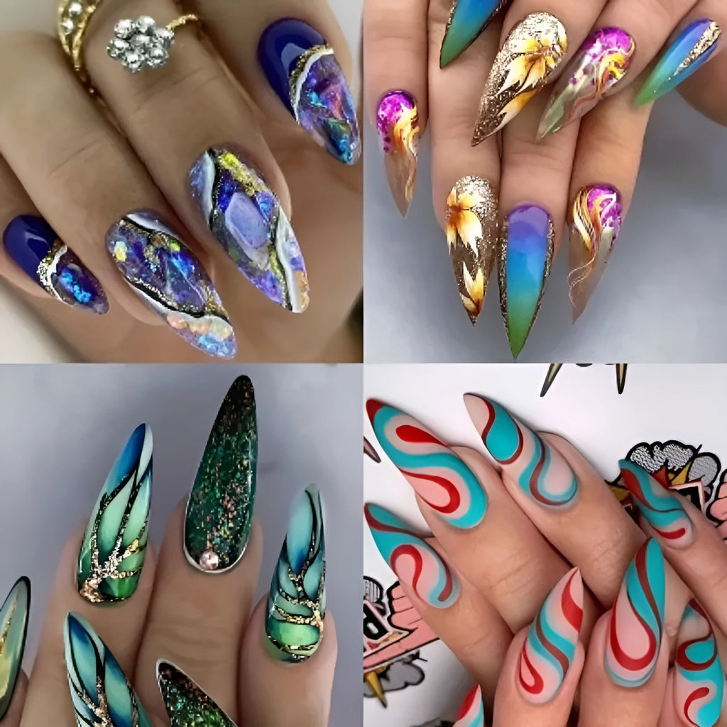 Almond-shaped rainbow nail stickers with colourful plaid lines and French ripple patterns in European square style