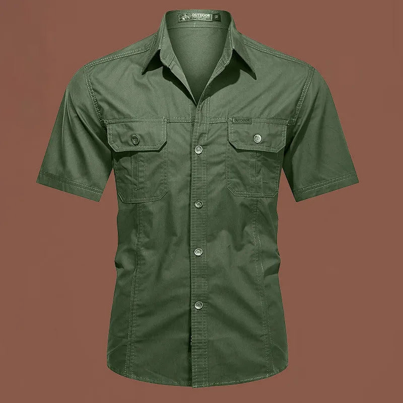 Men's cotton short sleeve work shirt in loose cardigan style, non-ironing treatment, multiple colour options