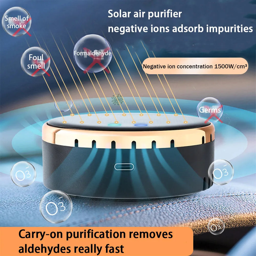Black solar car humidifier installed in vehicle air vent showing solar panel and mist output
