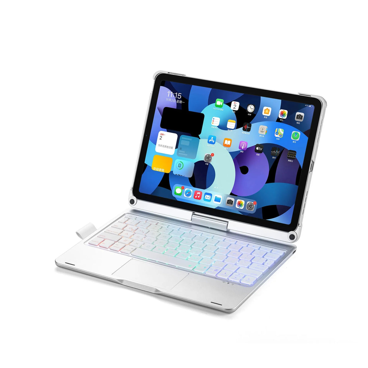 Rotating Bluetooth keyboard with touch backlight for iPad in black, rose gold or silver