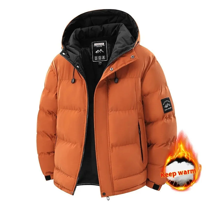 Men's hooded padded coat in black, loose fit, polyester fibre filler, 50cm length, sizes M to 3XL