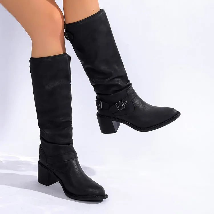 Black women's buckle chunky heel ankle boots with pointed toe, 6-8cm high heel and high cylinder shaft.