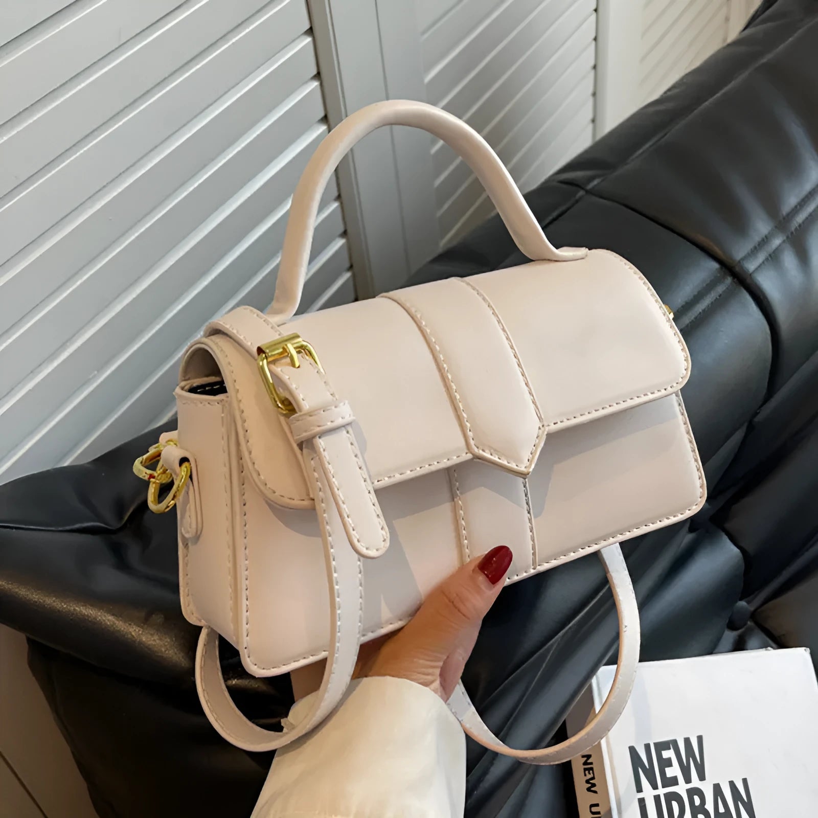 Women's beige PU leather messenger bag with sandwich pocket and file compartment