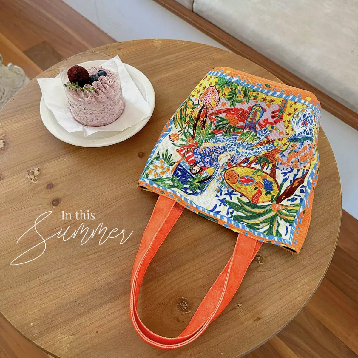 Thailand artistic bucket bag in Dream Garden orange plush with double straps and canvas lining