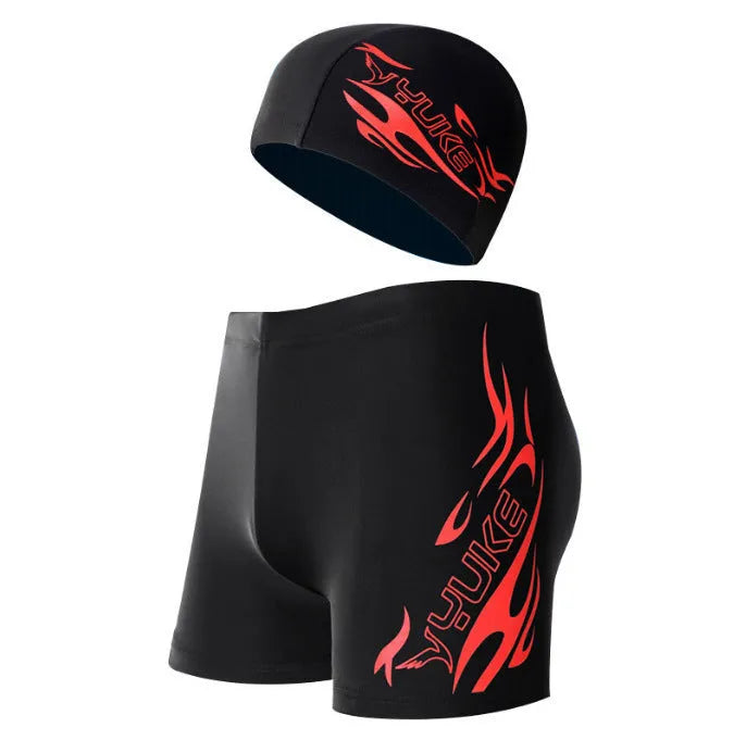 Men's plus size patterned swimming trunks with briefs cut and optional matching swimming cap