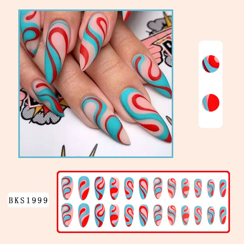 Almond-shaped rainbow nail stickers with colourful plaid lines and French ripple patterns in European square style