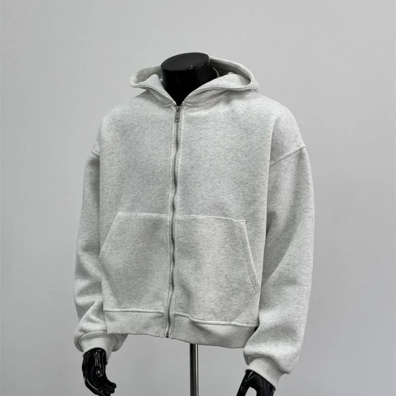 Back schoolbag design men's coat in light gray with hood, polyester cotton fabric, front view