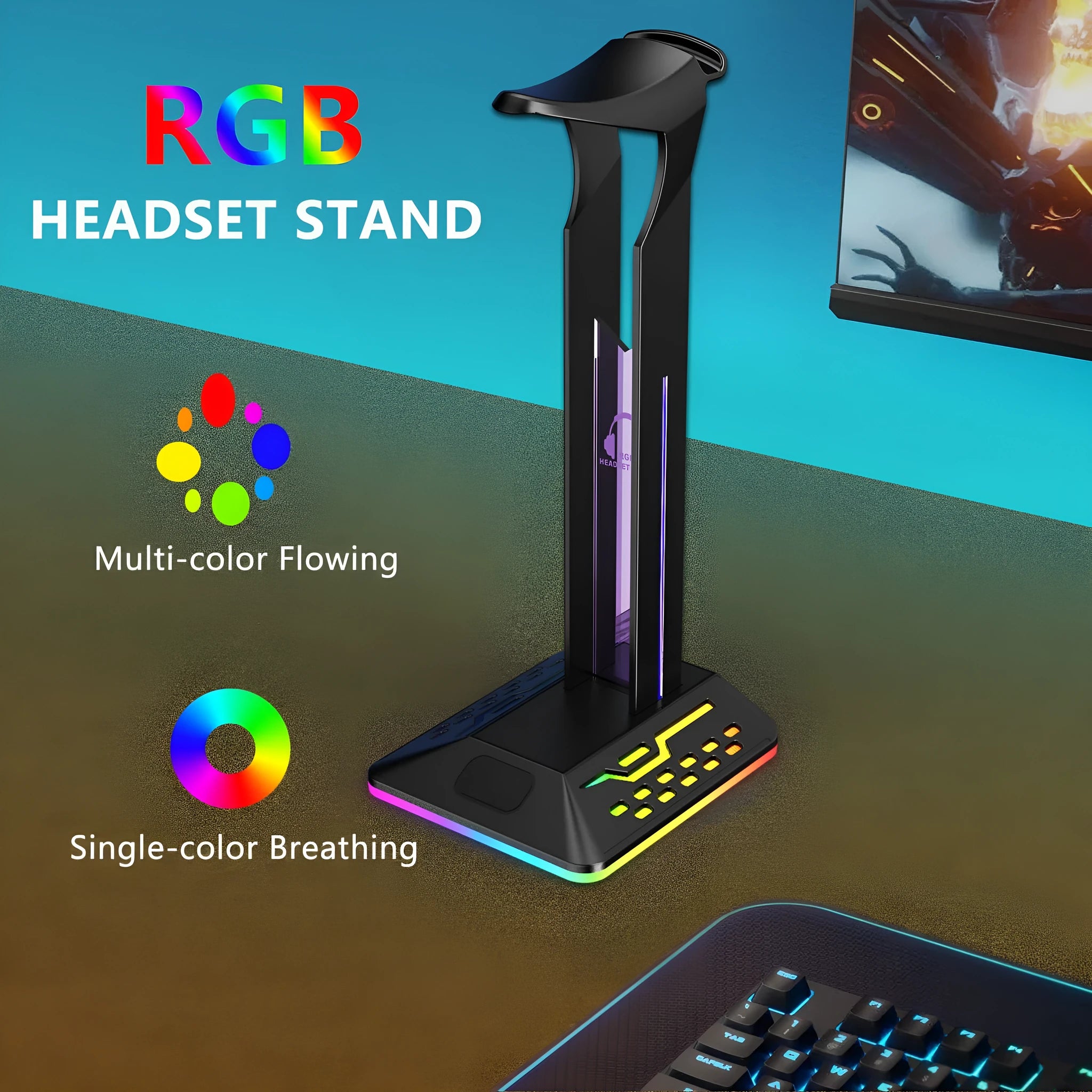 RGB colour-changing headphone holder with dual USB ports on black acrylic stand