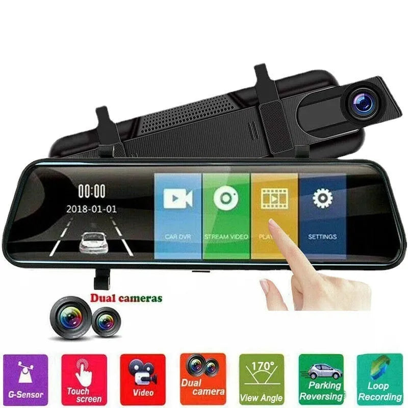 HD 1080p dual lens rearview mirror recorder with 9.66 inch touch screen for front and back video