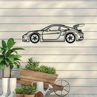 Black iron sports car wall art decoration in a pastoral metal style for home, garden, office, or hotel wall display
