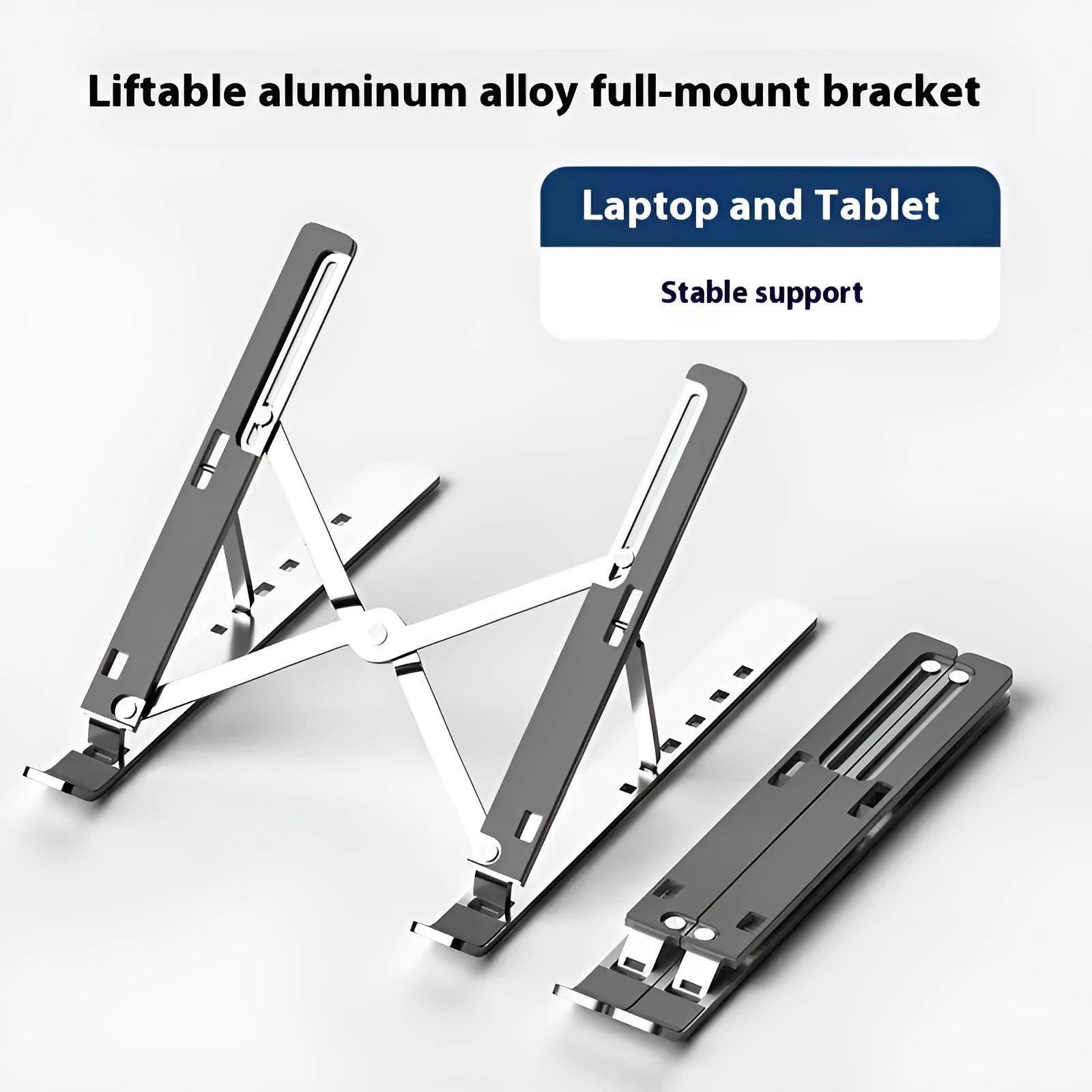 Silver aluminium alloy folding laptop stand holding a notebook, shown next to its cloth storage bag.