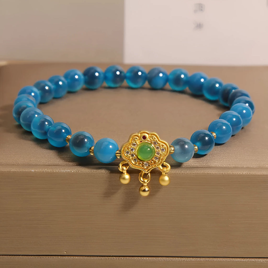 Blue sugar heart agate jade safety lock pendant women's bracelet with rhinestones and alloy inlay