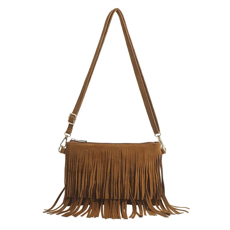 Matte brown women's messenger bag with tassel, horizontal square shape, single strap, 25cm sole length.