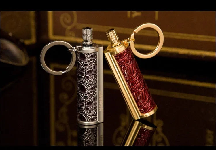 Windproof leather lighter with personality metal sticker in red, black, reddish-brown or yellow leather.