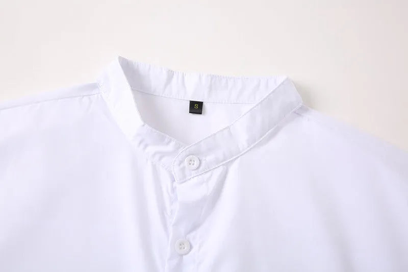 Men's stand-up collar white shirt, form-fitting cut, shown in white and available in sizes S to XXXL