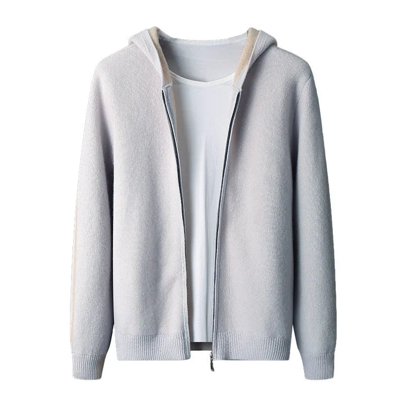 Men's dark blue cashmere half-high collar zipper cardigan sweater with long sleeves