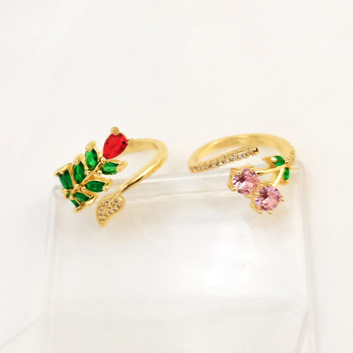 Gold plated copper geometric open ring with zircon leaf design and adjustable sizing