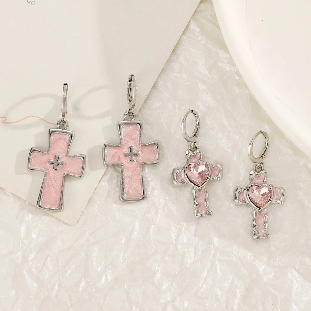 Women's alloy earrings with cross crystal designs in white, black cat, and antique silver colour options