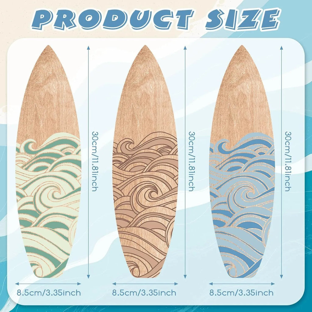 Three identical wooden surfboard shaped wall decorations on a white background