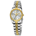 Women's waterproof fashion quartz watch in gold white colour with 10mm thickness.