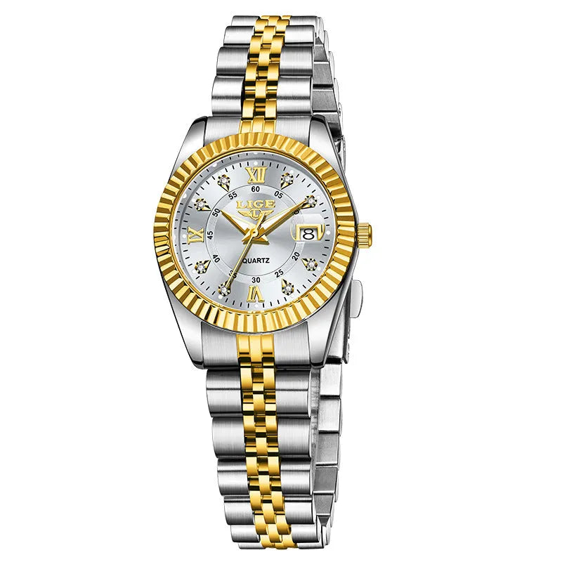 Women's waterproof fashion quartz watch in gold white colour with 10mm thickness.