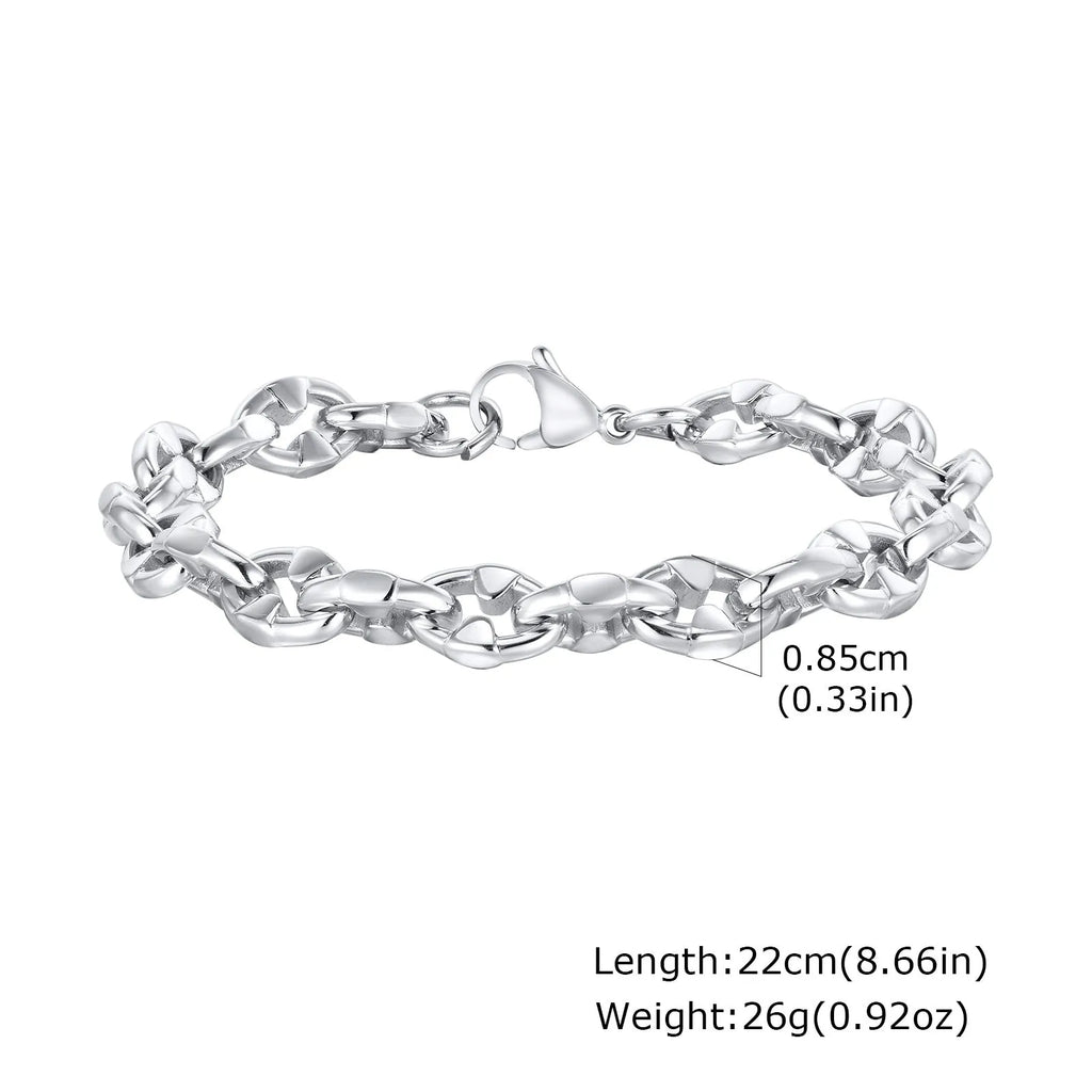Men's stainless steel thick chain bracelet with geometric design and steel colour finish