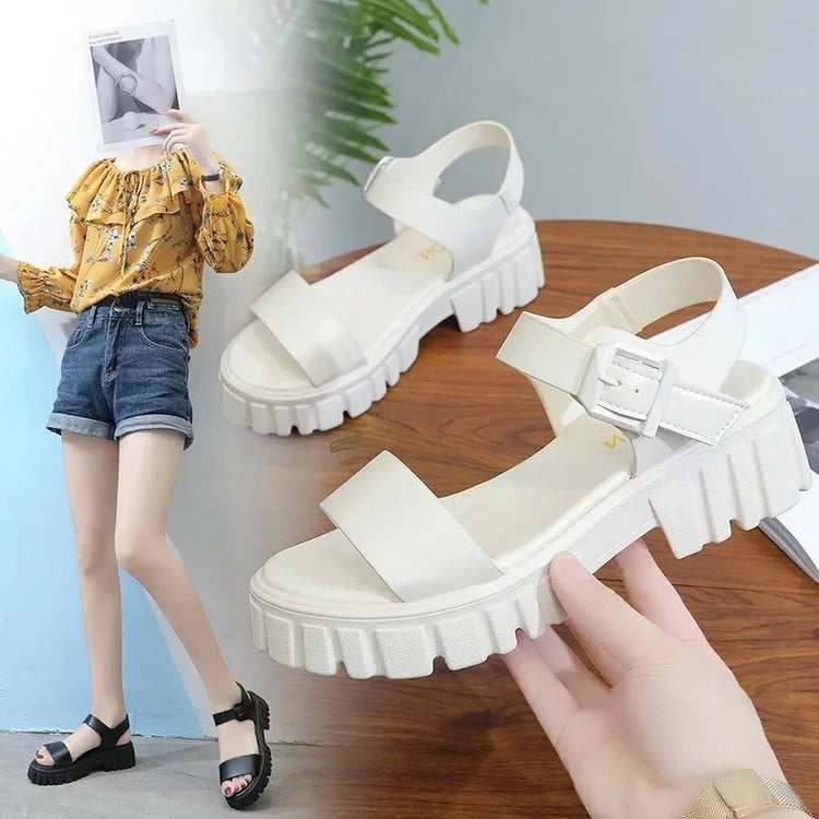 Women's beige peep toe ankle-strap buckle platform sandals in college style on a white background.