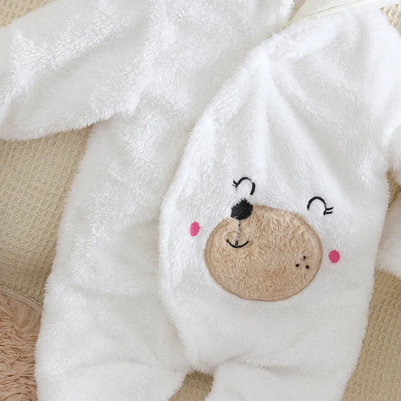 Cartoon bear velvet romper thickened long sleeve baby jumpsuit in white khaki pink grey