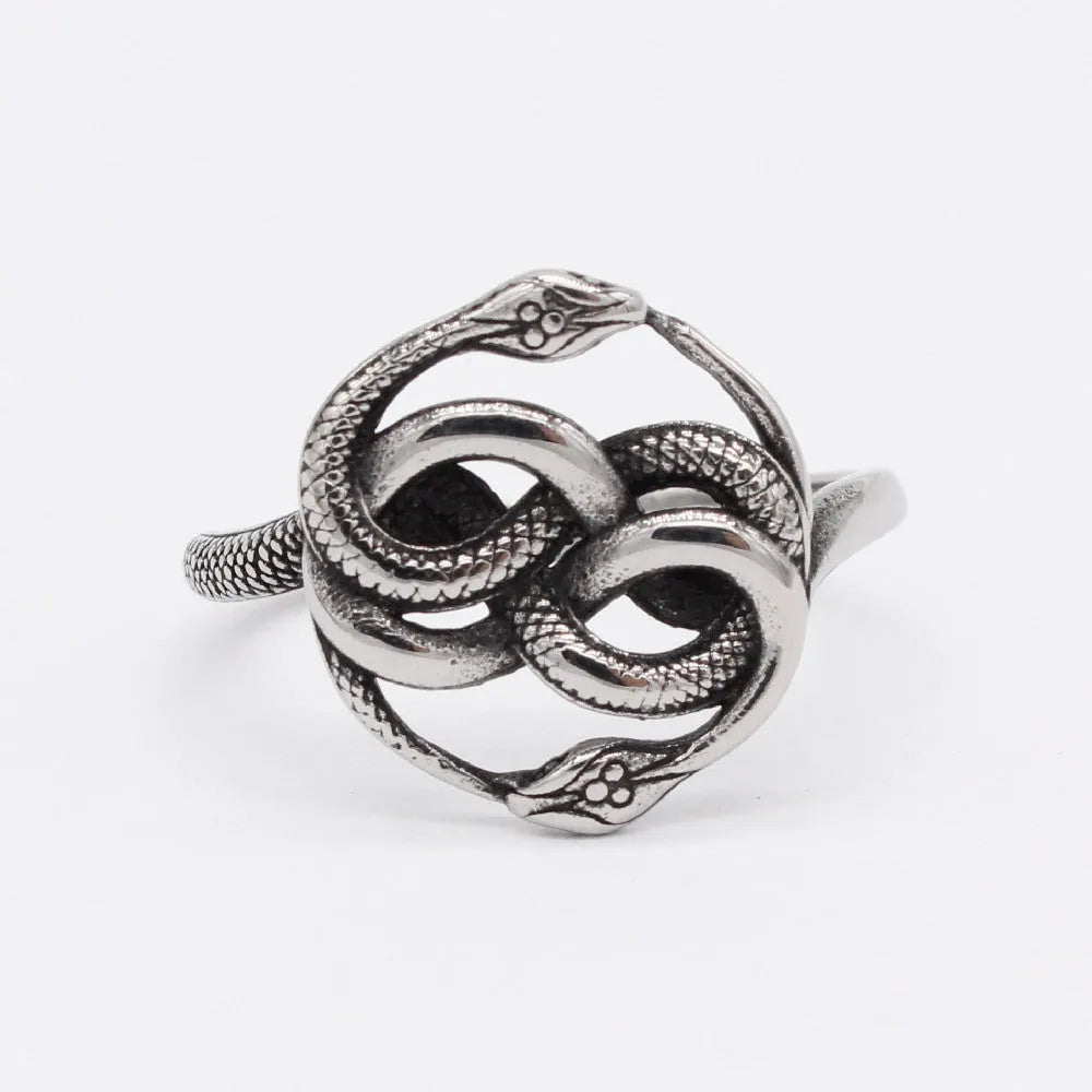 Titanium steel double snake ring with retro European style in steel colour